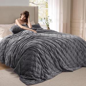 Bedsure Velvet Fleece Comforter Set King, Dark Grey Lightweight Quilted Bedding Set, Soft Warm Blanket for All Season, 3 Pieces, 1 Comforter (104" x 90") and 2 Pillow Shams (20" x 36")