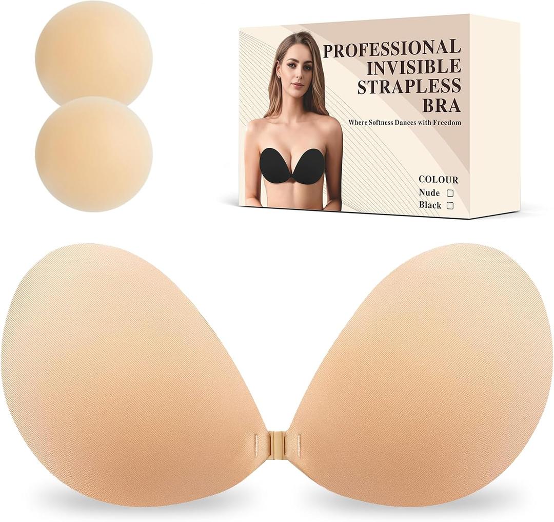 2 x Sticky Adhesive Bra for Women, Strapless Invisible Push Up Brassiere, Reusable Backless Bra for Dress