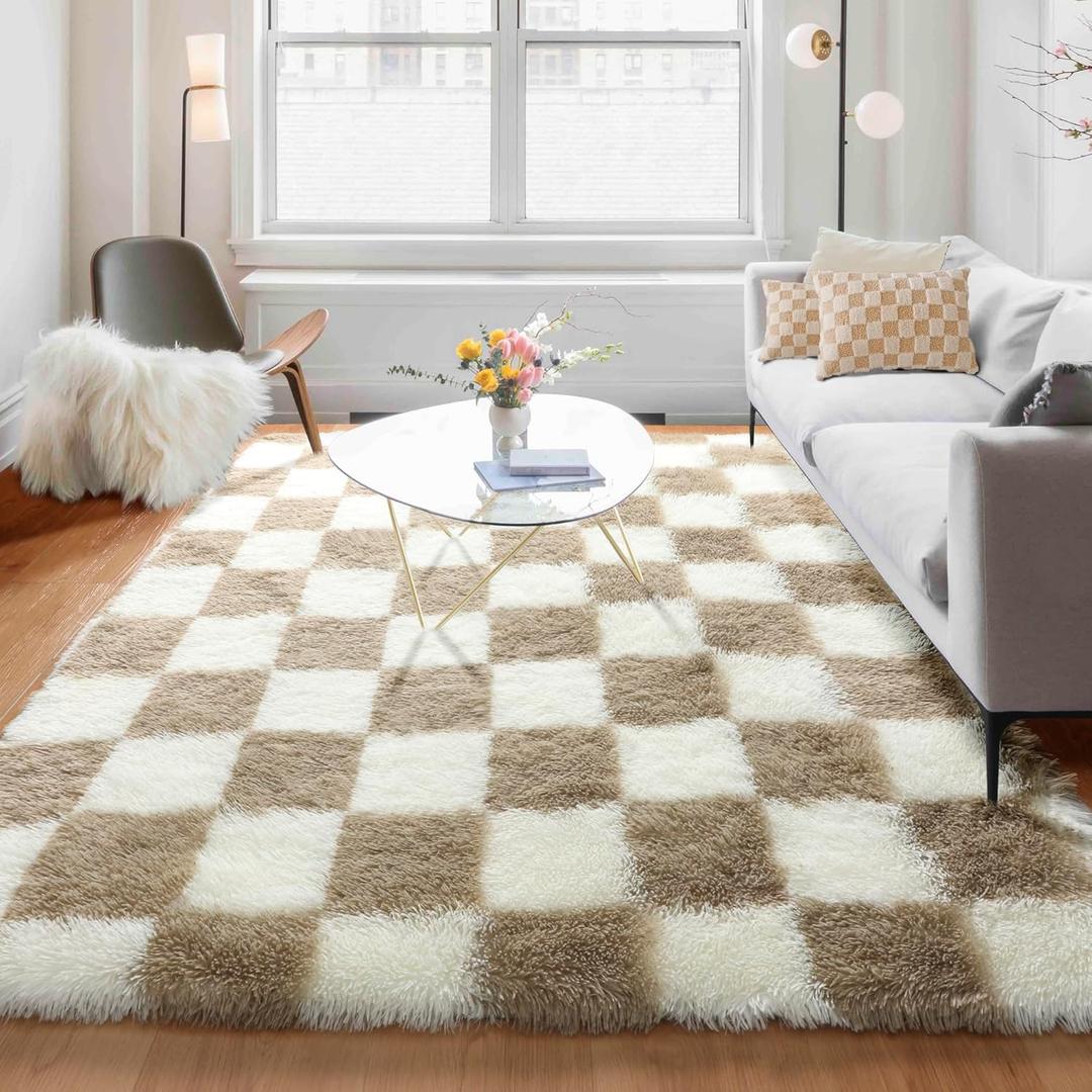 KICMOR Rugs for Living Room, 5x8 Fluffy Soft Beige and Cream White Checkered Shag Area Rug Large Fuzzy Shaggy Bedroom Carpet, Plush Rug for Kids Boys Girls Teen Dorm Nursery Home Decor Aesthetic (5 x 8 Feet, Beige / Cream White)