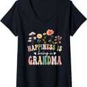 Womens Happiness is Being a Grandma Floral Grandma Mother's Day V-Neck T-Shirt, XL