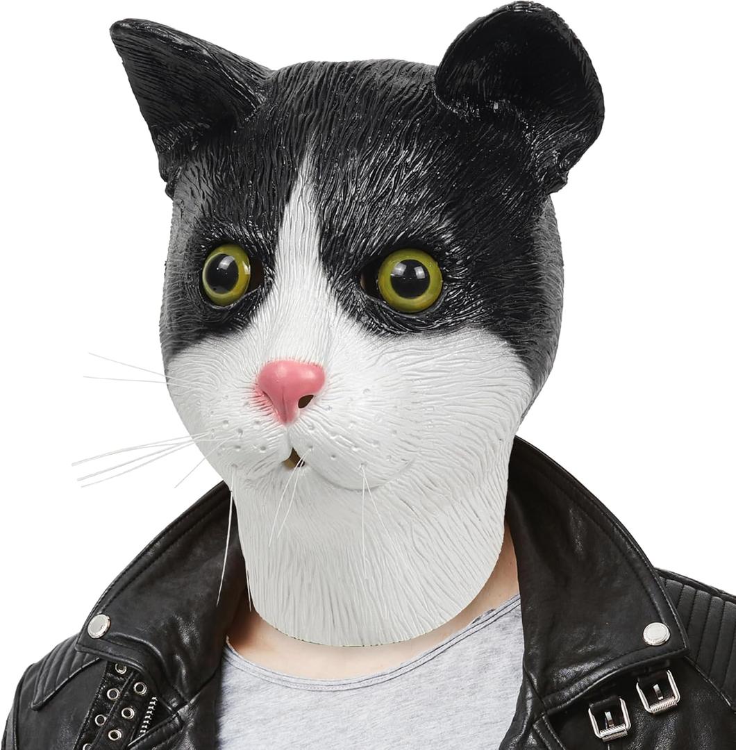 Cute Cat Mask, Novelty Funny Latex Adults Animal Full Head Mask for Halloween Costume Cosplay Party Props for Unisex (Black, S)