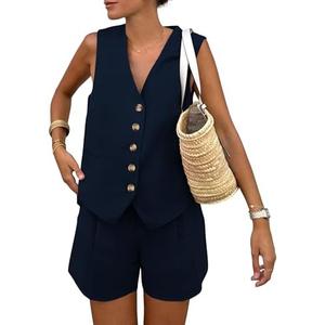 PRETTYGARDEN Women's Summer 1Piece Outfits Sleeveless Matching Sets Button Down V Neck Vest Waistcoat and Pockets Shorts size M