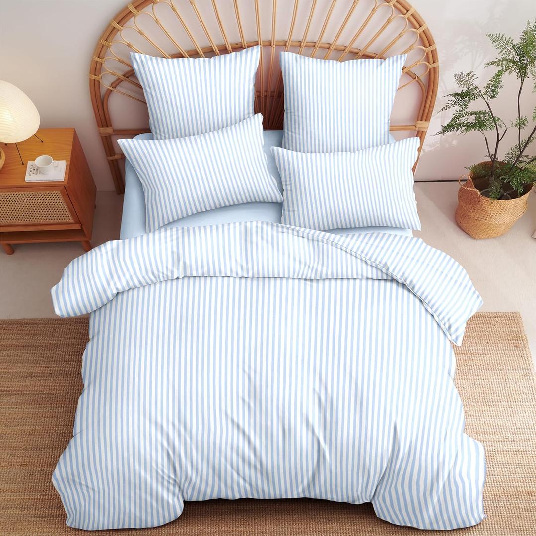 Sedefen Striped Duvet Cover Full Size Blue Stripes On White Bedding Set 3 Pieces Kids Boys Girls Geometry Stripe Comforter Cover with Zipper Closure
