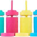 Elk and Friends Kids + Toddler Glass Cups | The Original 12oz Glass Mason Jar with Sleeves + Lids | Silicone Straws + Stopper | Smoothie Cup | Food Storage | Spill Resistant | Dishwasher Safe | 4 Pack