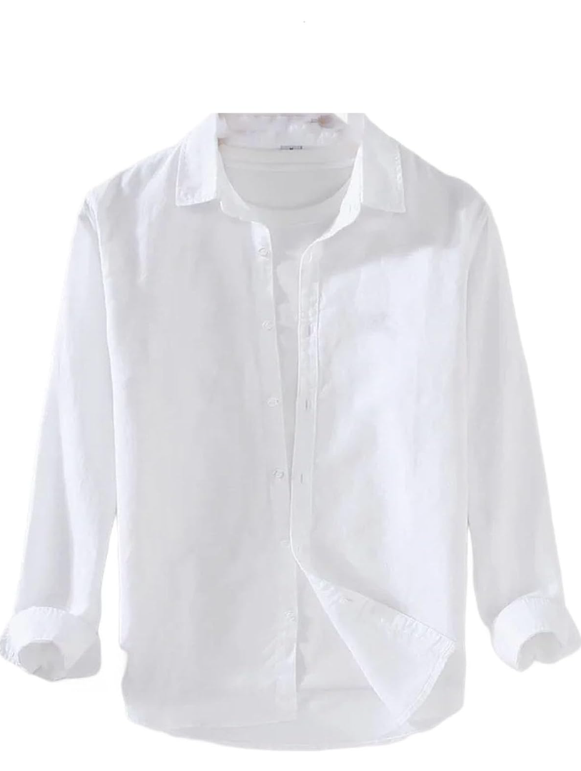 Men's Solid Color Long-Sleeved Cotton and Linen Shirt, Men's Long-Sleeved Button-Down Business Casual Shirt, M
