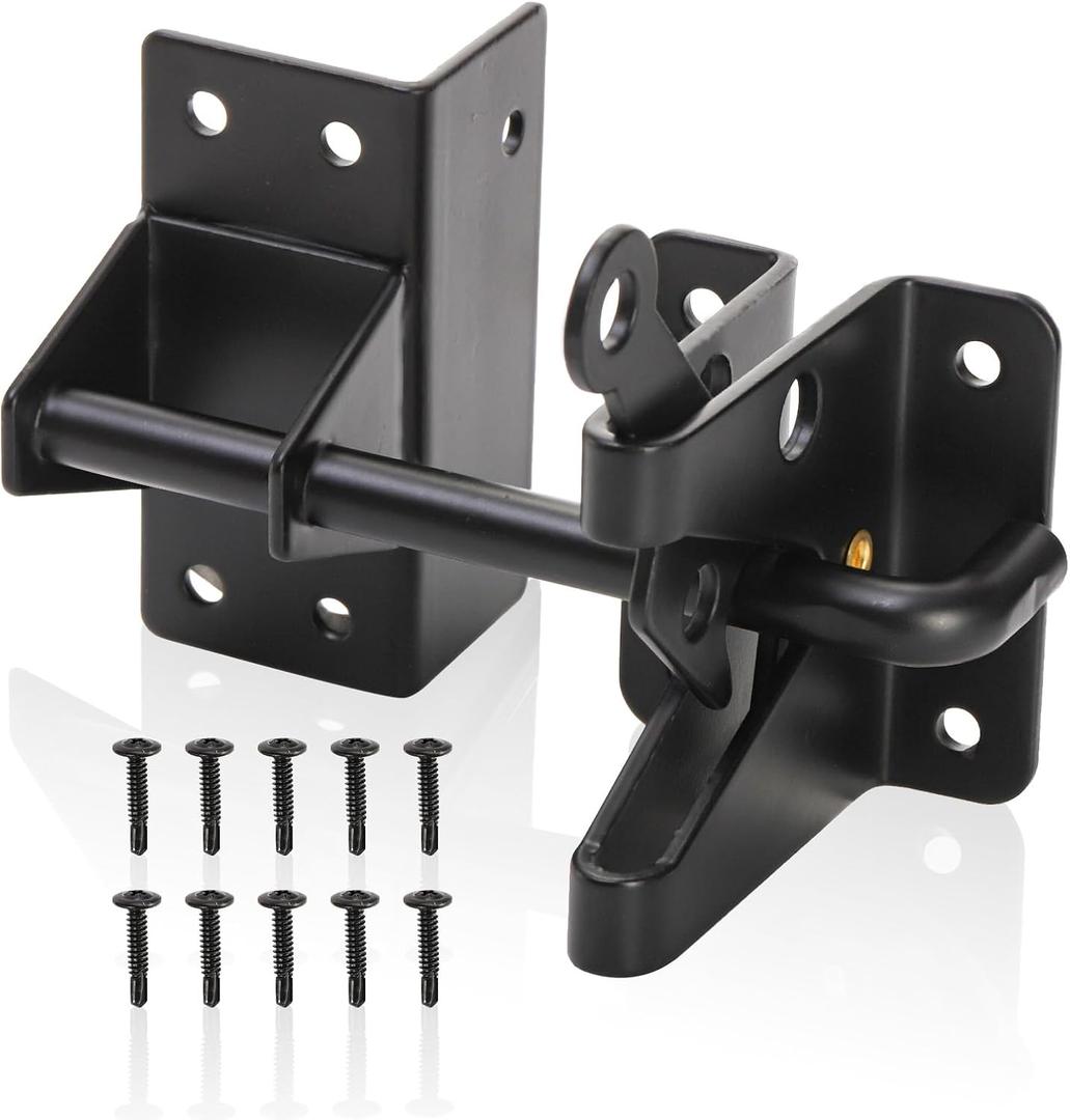 Self-Locking Gate Latch, Carbon Steel Heavy Duty Post Mount, 5.5" Door Security Latches, Automatic Gravity Gate Latch for Wooden Fence, Shed, Garden, Yard