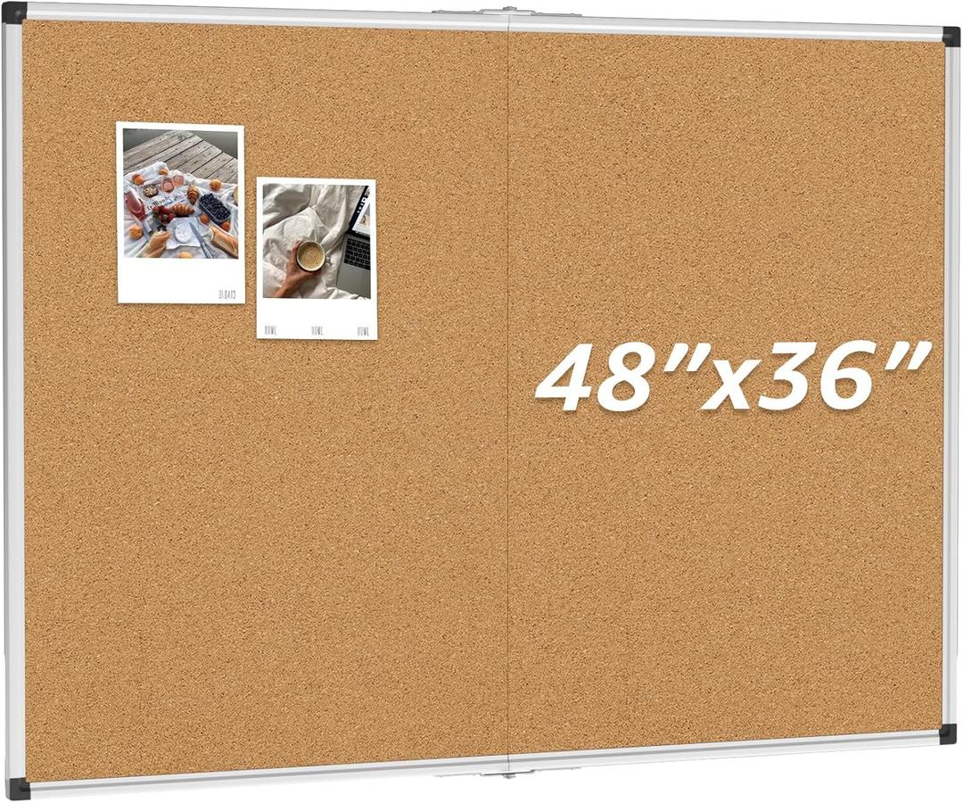 MaxGear Large Cork Bulletin Board 48" x 36", Foldable Notice Boards with Silver Aluminium Frame, 4' x 3' Wall-Mounted PinBoard, CorkBoards for Office, School & Home, Includes 20 Pushpins