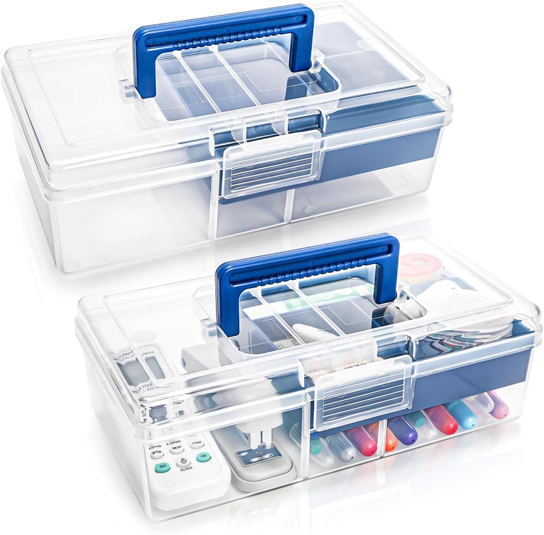Elsjoy 2 Pack Plastic Dividing Storage Box with Removable Tray, 2-Layer Craft Organizer Box with Handle, Small Portable Sewing Box Art and Craft Supply Organizer Storage Containers
