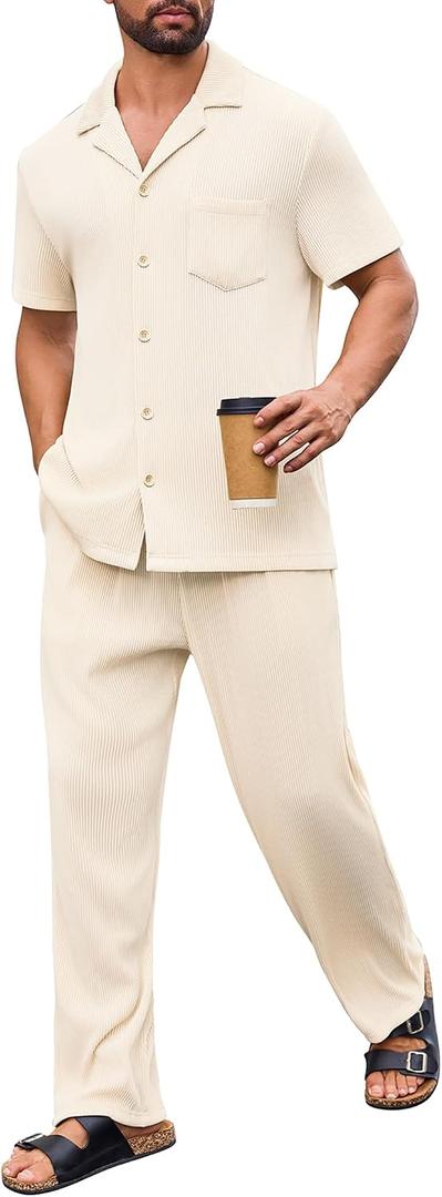 Mens Two Piece Summer Outfit Short Sleeve Ribbed Shirt and Pants with Pockets Loungewear Beachwear Sleepwear