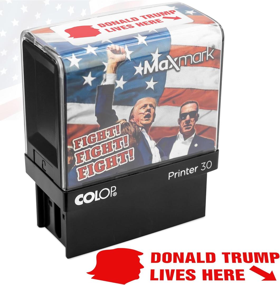 Silhouette Donald Trump Lives Here Stamp - Self Inking Stamp for Trump 2024 Merchandise, Office Supplies, Election Party Decorations - Supports American Families! (Red)