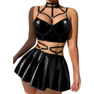 Sexy Strappy Leather Underwire Mini Choker Lingerie Set Skirts Dress with Thong 3 Piece Outfits (Medium, Glossy Black)