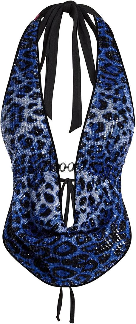 Verdusa Women's Cheetah Print Sequin Top Y2K Tie Back Corset Halter Going Out Crop Tops, Size S