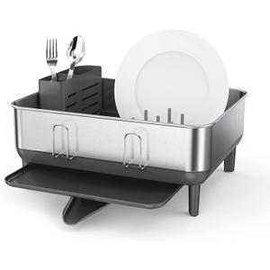 simplehuman Compact Dish Drying Rack with Stainless Steel Frame, 360 Easy Drain Swivel Spout, Utensil Holder, Anti-Residue Coating, Moisture Control Surface, Grey