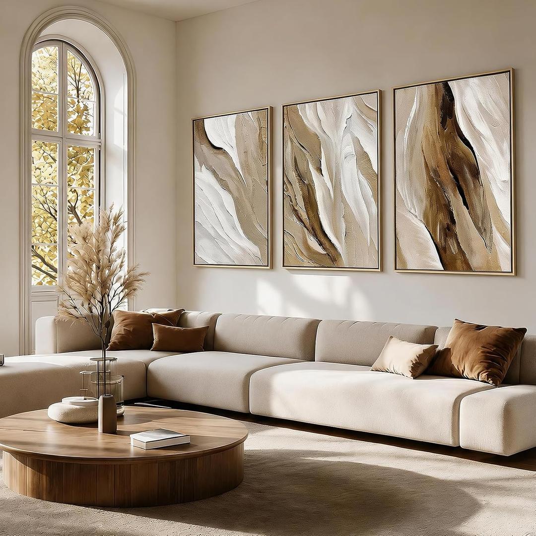 Neutral Beige Abstract Wave Wall Art Large Modern Canvas Artwork for Walls, 24" W x 36" H x 3Pcs