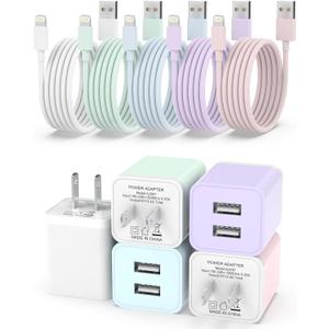 iGENJUN 5Pack iPhone Charger [MFi Certified], Dual Port USB Wall Charger Block Adapter with 6FT Lightning Cable Fast Charging Data Sync Cords for iPhone 14 13 12 11 Pro Max XR XS Plus-Multicolor