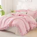 Andency Pink Comforter Set Queen Size, 3 Pieces Solid Pink Ruffle Shabby Chic Comforter Set for Queen Bed, All Season Vintage Rustic Soft Polyester Bedding Set for Women Girls