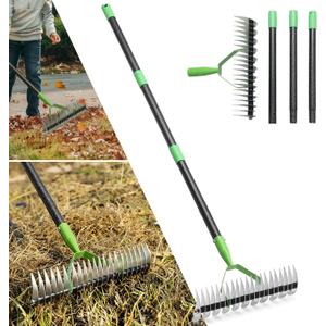 Thatch Rake, 13" Wide Efficient Dethatcher Rake with 55" Adjustable Long Handle, Heavy Duty Steel Metal Dethatching Rakes for Cleaning Dead Grass, Loosening Soil, Lawn Care in Yard Garden