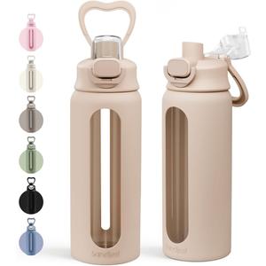 SANDJEST Glass Water Bottle with Silicone Sleeve 24oz with Lid, Motivational Time Marker, Drinking Hydration Glass Bottles for Men Women, Gym Travel Sports (Beige)