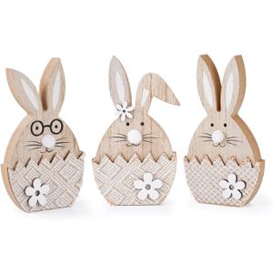ParseBio 3 Pcs Easter Bunny Table Wooden Sign Easter Peeps Decor Spring Wood Bunnies Rabbit Ornament Farmhouse Tabletop Decoration for Easter Party Tiered Tray Mantle Desk Office Home Party
