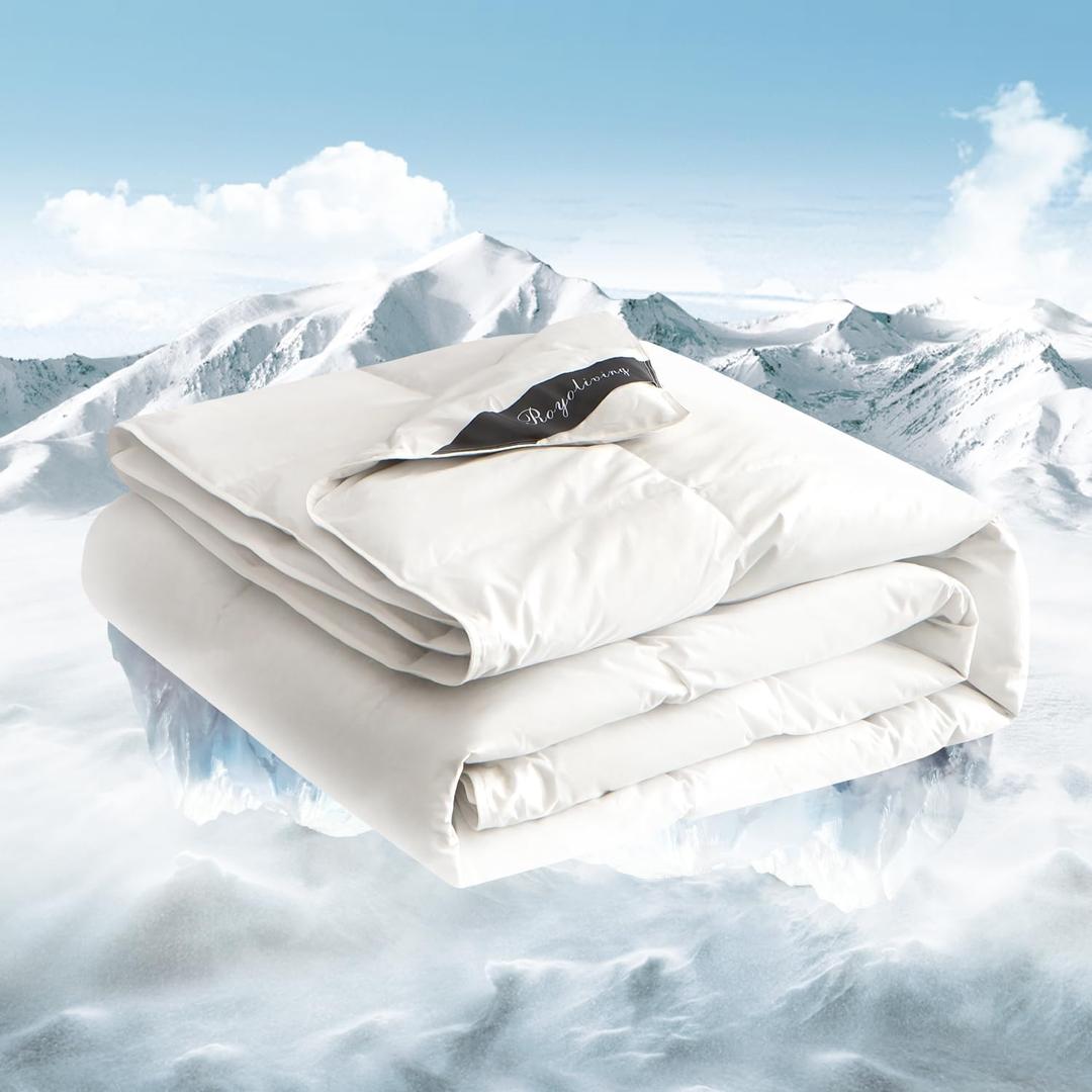 Royoliving Premium White Lightweight Feathers Down Duvet Insert Comforter Queen Size Summer Cooling Blanket, 100% Cotton Cover with Coner Tabs (90x90, 35 oz)