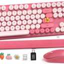 Wireless Keyboard and Mouse Combo, Cute Hot Pink Full-Size Retro Typewriter Keyboard with Round Keycaps, Magnetic Wrist Rest, Tilt Legs, 2.4GHz Cordless for Mac, Windows PC, Laptop, SABLUTE CK23