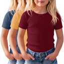 LessonZoo 3 Pack Girls Short Sleeve Shirts Ribbed Knit Crew Neck Lace Trim Tops Slim Fit Casual Summer T-Shirts Tees for Kids(Haze Blue, Orange Yellow, Wine Red,11-12 Years)