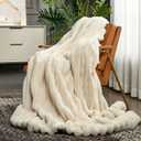 Cozy Bliss Faux Fur Throw Blanket for Couch, Cozy Warm Plush Striped Blanket for Sofa Bedroom Living Room, 108 * 90 Inches Beige