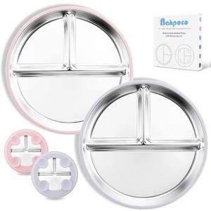 Bakpoco Stainless Steel Baby Plate with Suction, 9 Divided Toddler Plates with Removable Silicone Sleeves for Kids, Non-Toxic Non-Slip Unbreakable Dishwasher Safe Dinnerware Set of 2, Pink & Lilac