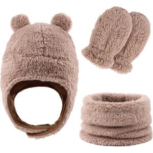 Fleece Baby Hat Scarf Mitten Set Winter Toddler Beanie Warm Mittens Infant Scarves Ears Earflap Hats for Baby Boys Girls (9-36 Months, Khaki)