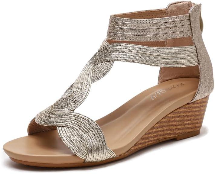 TSANGWAI Women's Slide Wedge Sandal Open Toe Gladiator Sandals for Women Summer Roman High Heel Zipper Back Platform Strappy gold-41