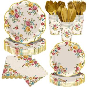 140Pcs Vintage Floral Party Supplies Tableware Set Tea Party Decorations Flower Plates and Napkins Spring Summer Baby Shower Birthday Party Paper Plates, Serve for 20 Guest