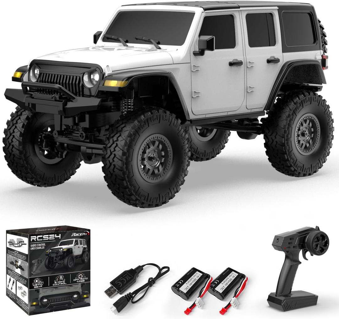 RACENT 1/24 RC Crawler 4WD Off Road All Terrain RC Monster Truck Rock Climbing with led Light Waterproof Hobby Grade Toys with 4 Batteries for Adults (White)