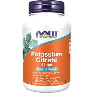 NOW Foods Supplements, Potassium Citrate 99 mg, Supports Electrolyte Balance and Normal pH*, Essential Mineral, 180 veg Capsules (EXP 12/01/29)