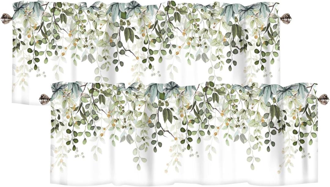 Sage Green Eucalyptus Leaves Curtain Valance for Windows Watercolor Window Treatments 2 Panels Short Curtains for Kitchen Windows Bathroom Bedroom,54 x 18 Inch