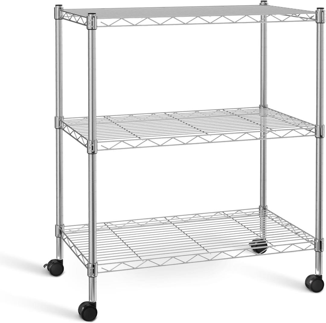 Simple Deluxe Heavy Duty 3-Tier Storage Shelves 750Lb Capacity, 24.02" D x 13.78" W x 29.92" H Adjustable Shelving Unit with Wheels, Chrome