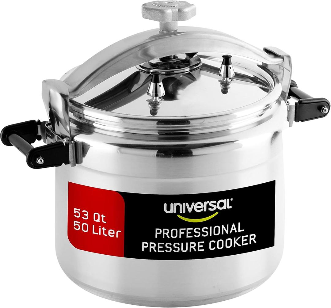 Universal (Extra Large) 53-Quart Aluminum Pressure Cooker for Professional Use  Commercial-Grade, 2 Safety Valves, Reinforced Handles, Easy-Open Lid,  Ideal for Large Kitchens, and Restaurants (53 Quart / 50 Liter)