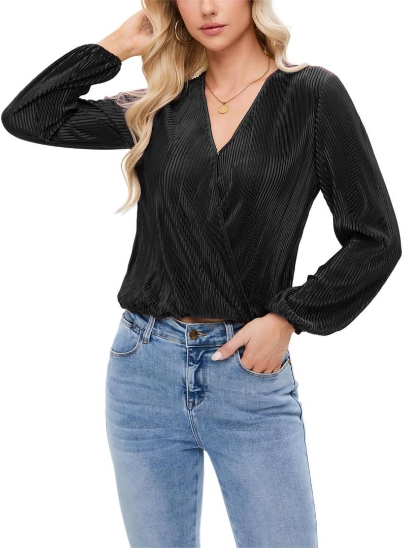Women Long Lantern Sleeve Shirts Dressy Casual Loose Fit Fall V Neck Blouses Date Night Tops (Pink, S)