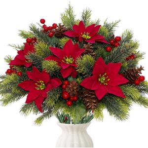 8PCS Artificial Flowers Bouquet Christmas Floral Poinsettia Pine Cones Red Berry Picks Stems Holly Holiday for Xmas Tree Party Decoration DIY Indoor Table Centerpieces
