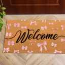 Tinideya Black Welcome Coir Doormat Outdoor Cute Welcome Floor Mats Non-Slip Entrance Door Rugs for Front Door Porch Party Outdoor Entryway Decor, 17 x 30 Inch (Pink)