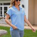 Blouses for Women Dressy Casual 2026 Summer V Neck Tops Short Sleeve Soild Color Blouse for Business Work (Blue, L)