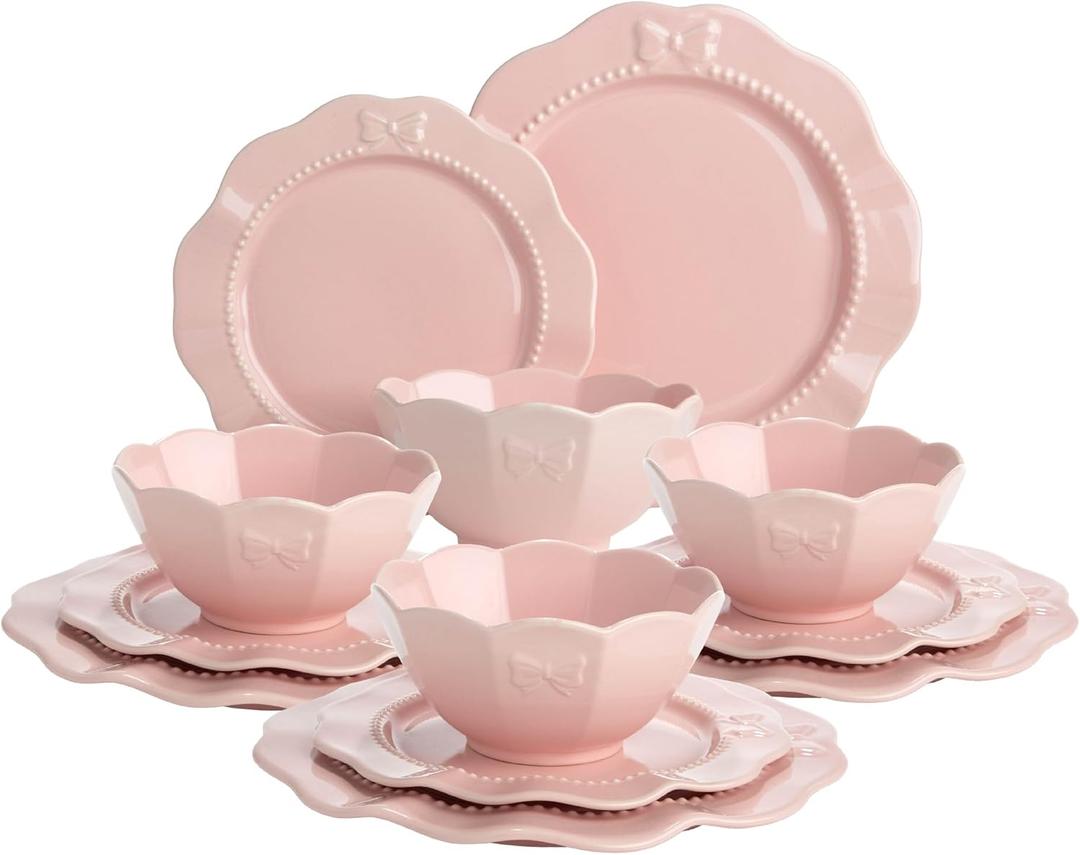Paris Hilton 11 Piece Dinnerware Set, Embossed Bow Design, Iconic Ceramic Stoneware Service for 4 with Dinner Plates, Salad Plates, and Bowls, Microwave & Dishwasher Safe, Pink