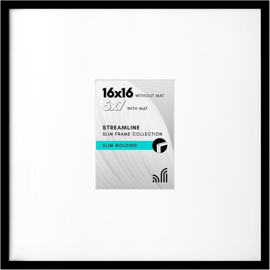 Americanflat 16x16 Picture Frame with Polished Plexiglass - Use as 5x7 Frame with Mat or Display 16x16 Photo Without Mat - Streamline Collection - Thin Border Square Frames for Wall Display - Black