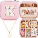 Teacher Appreciation Gift for Women 2024 Travel Jewelry Case Initial Jewelry Organizer Small Jewelry Box Personalized Back to School Gift Trendy Stuff Necklace Earrings Ring Box (Pink K)