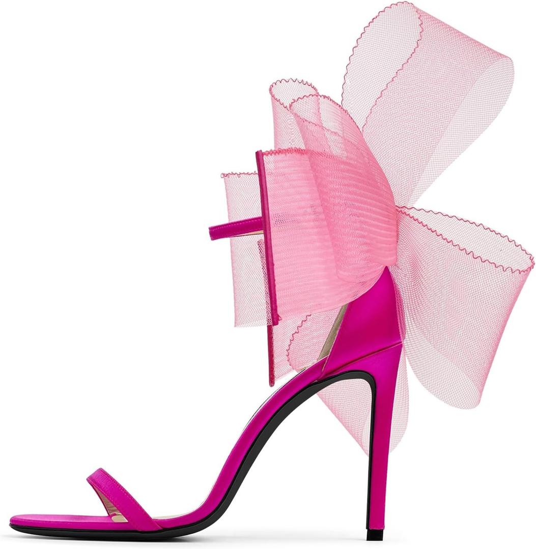 Coutgo Women's Bow Heels Open Toe Stiletto Heels One Strap Party Summer High Heeled Sandals Asymmetric Non-Removable Bow Knot (9.5, Hot Pink)