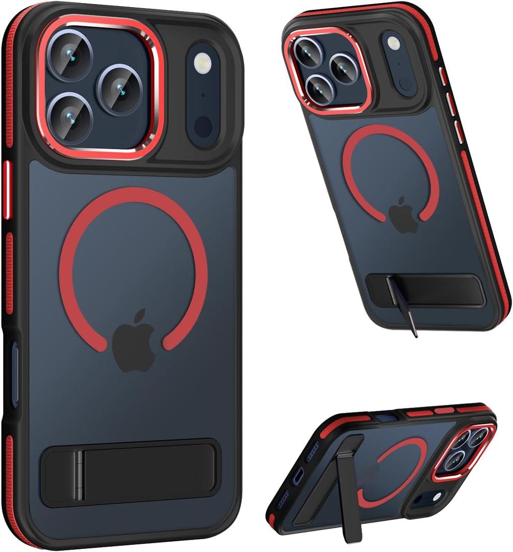 MAKAVO Magnetic for iPhone 17 Pro Max Case with Stand, Compatible with MagSafe, Slim Translucent Matte Military-Grade Drop Protection Phone Cover, Red