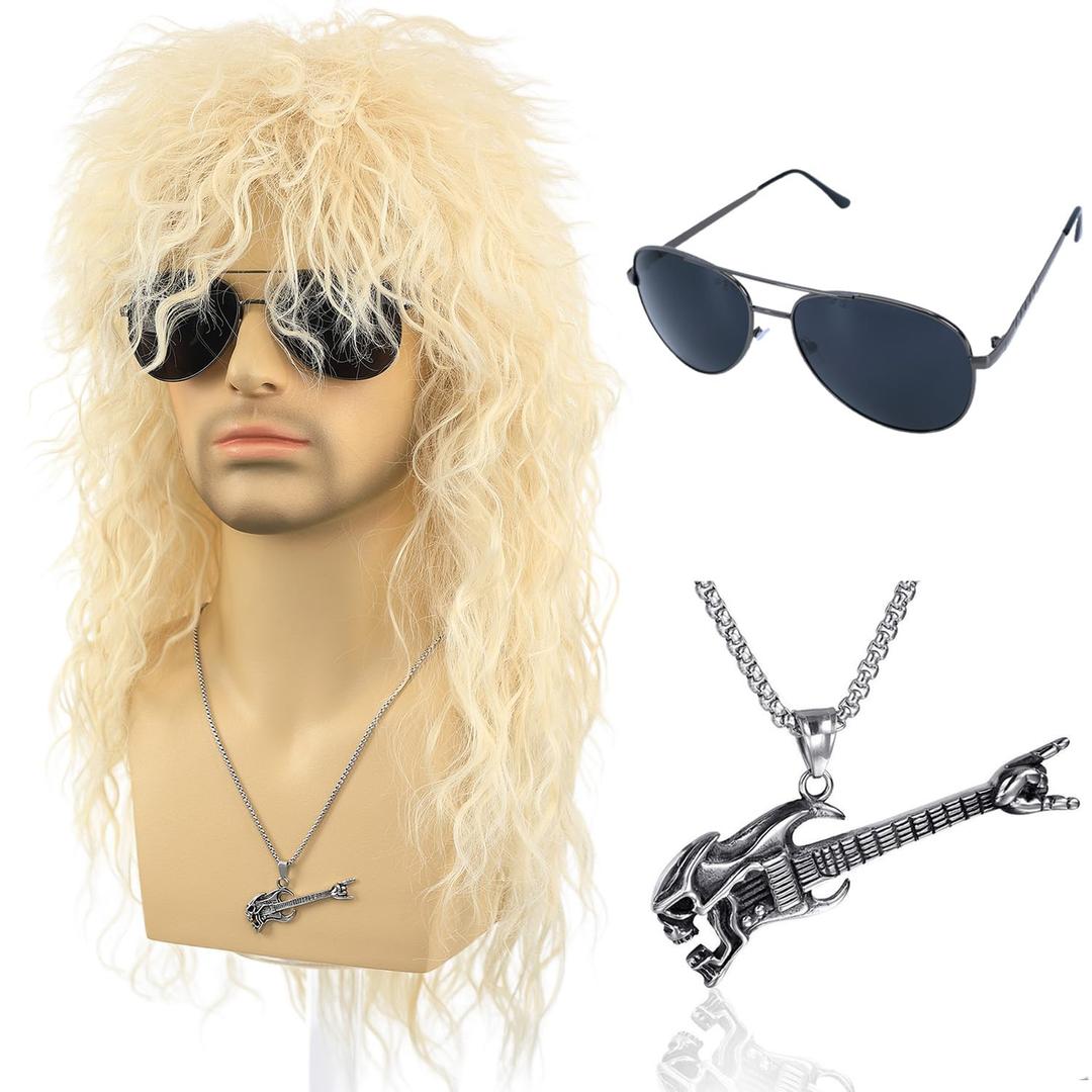Morvally Men's Women 80s Blonde Rocker Mullet Wig with Glasses and Necklace - Long Blonde Curly Glam Rock-Rockstar Wig Perfect for Halloween, Cosplay, DIY Themed Costume Party