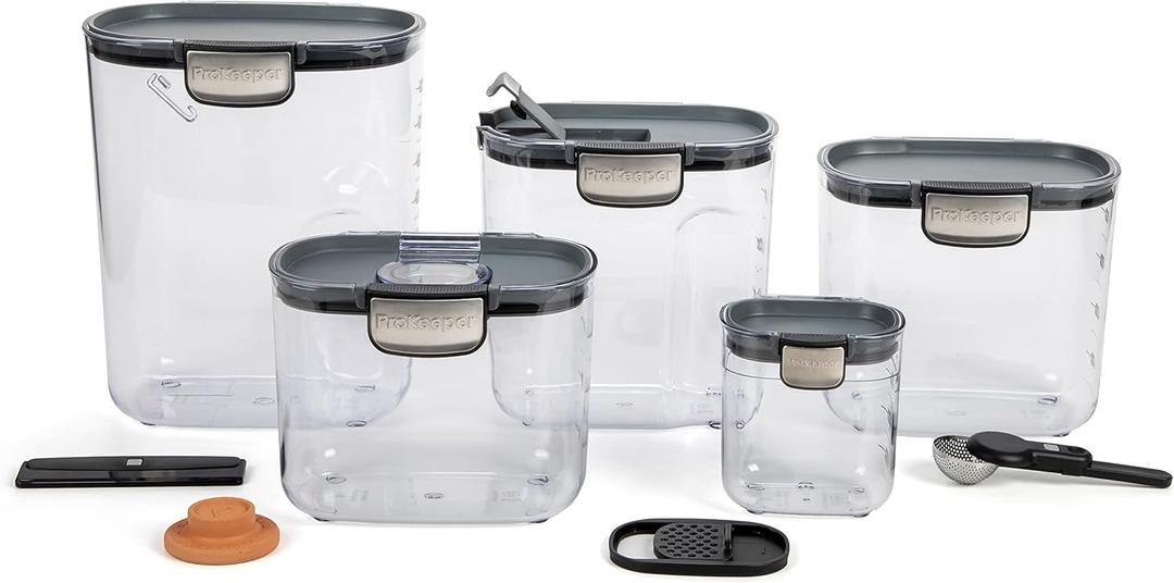 ProKeeper+ 9-Piece Airtight Food Storage Container Set  Clear Plastic Flour and Sugar Canister Set with Magnetic Accessories for Kitchen Organization (Grey)