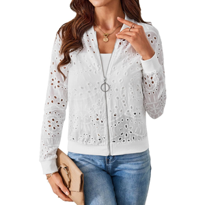 SweatyRocks Women's Bomber Jacket Eyelet Embroidery Long Sleeve Casual Hollow Out Lightweight Zipper Up Jacket L
