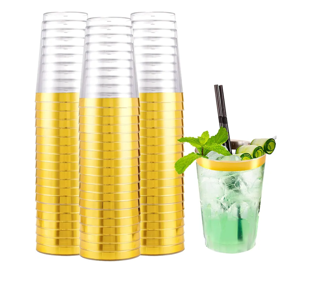 I00000 200 Pack Gold Plastic Cups, 10 oz Clear Plastic Cups Gold Rimmed Disposable Wine Glasses Fancy Disposable Party Cups Wedding Cups Drinking Tumblers Plastic Cocktail Glasses with Gold Rim