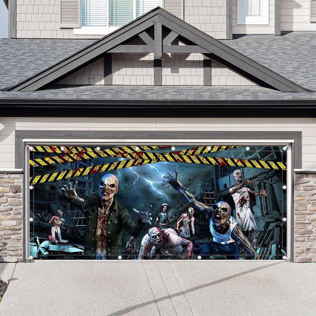 1PC 16x7ft Halloween Zombies Garage Door Banner Decorations End World Warning Photography Backdrop Home Outdoor Wall Cover Scary Party Supplies